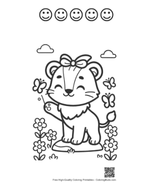 Thumbnail: Cute Lioness Cub with a Bow Waving Her Paw Printable and 5 Happy Face Outline