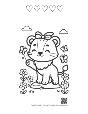 Thumbnail: Cute Lioness Cub with a Bow Waving Her Paw Printable and 5 Heart Outline