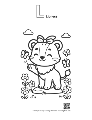 Thumbnail: Cute Lioness Cub with a Bow Waving Her Paw Printable Outline Alphabet L Lioness