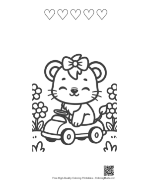 Thumbnail: Happy Lioness Cub Driving a Toy Car on a Sunny Day Printable and 5 Heart Outline