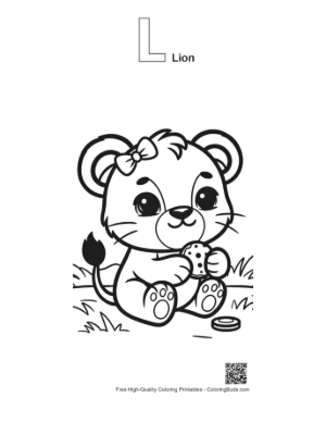Thumbnail: Little Lioness Cub Enjoying a Cookie in the Forest Printable Outline Alphabet L Lion