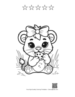 Thumbnail: Little Lioness Cub Holding a Big Cookie with Both Paws Printable and 5 Star Outline