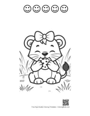 Thumbnail: Playful Baby Lioness Holding a Cookie in a Grassy Field Printable and 5 Happy Face Outline
