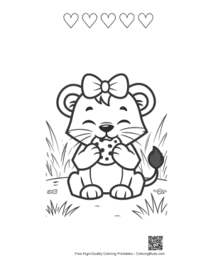 Thumbnail: Playful Baby Lioness Holding a Cookie in a Grassy Field Printable and 5 Heart Outline