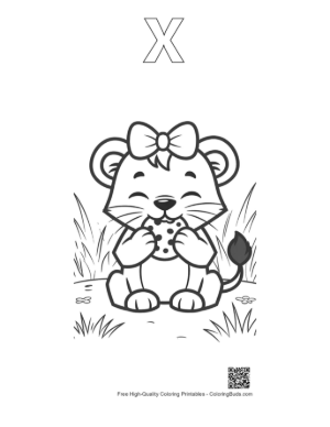 Thumbnail: Playful Baby Lioness Holding a Cookie in a Grassy Field Printable Outline Alphabet X