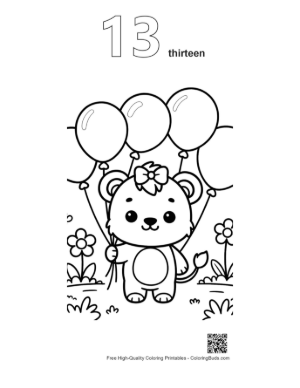 Thumbnail: Playful Baby Lioness with a Bow and Floating Balloons Printable Outline Number 13