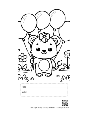 Thumbnail: Playful Baby Lioness with a Bow and Floating Balloons Printable with Title and Artist Box