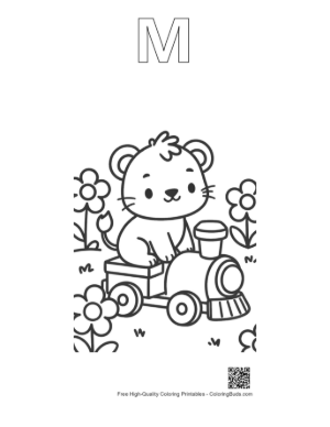 Thumbnail: Sweet Baby Lioness Waving from a Toy Train Window Printable Outline Alphabet M