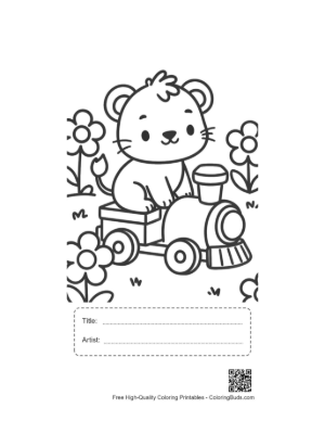 Thumbnail: Sweet Baby Lioness Waving from a Toy Train Window Printable with Title and Artist Box