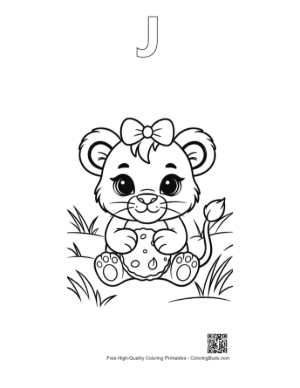 Thumbnail: Sweet Lioness Cub Sitting and Eating a Crunchy Cookie Printable Outline Alphabet J