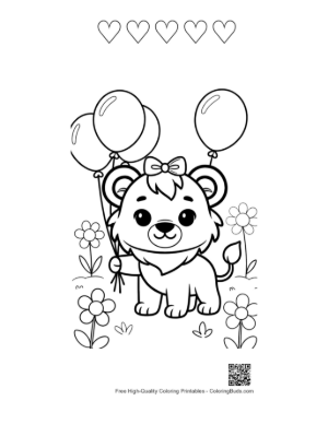 Thumbnail: Sweet Lioness Cub Sitting with Colorful Party Balloons Printable and 5 Heart Outline