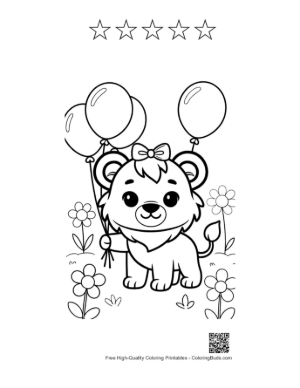 Thumbnail: Sweet Lioness Cub Sitting with Colorful Party Balloons Printable and 5 Star Outline