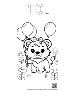 Thumbnail: Sweet Lioness Cub Sitting with Colorful Party Balloons Printable Outline Number 10
