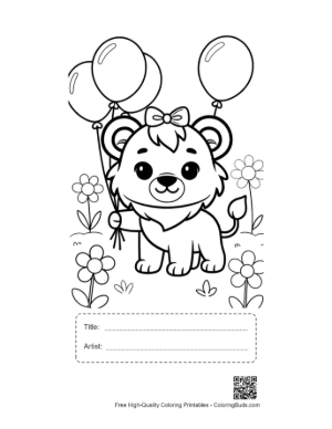 Thumbnail: Sweet Lioness Cub Sitting with Colorful Party Balloons Printable with Title and Artist Box