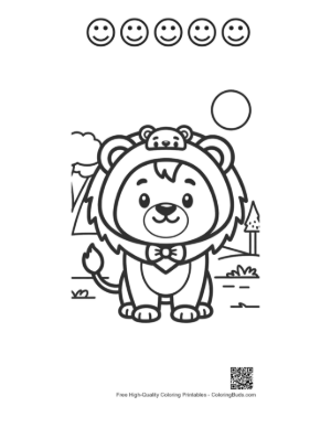 Thumbnail: Chibi Style Lion Cub Standing with a Cute Expression Printable and 5 Happy Face Outline