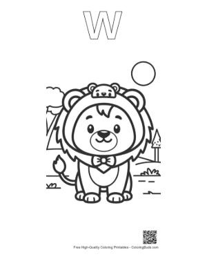 Thumbnail: Chibi Style Lion Cub Standing with a Cute Expression Printable Outline Alphabet W