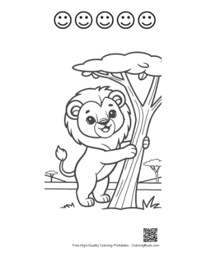 Thumbnail: Cute Lion Cub Climbing a Tree in the Jungle Printable and 5 Happy Face Outline