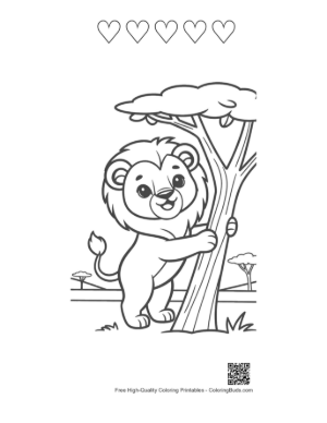 Thumbnail: Cute Lion Cub Climbing a Tree in the Jungle Printable and 5 Heart Outline
