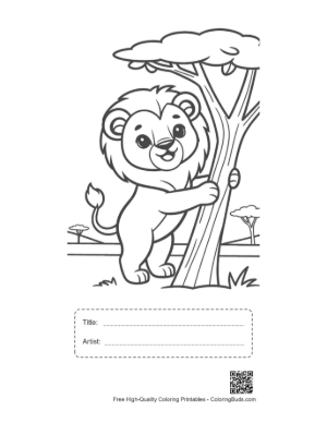 Thumbnail: Cute Lion Cub Climbing a Tree in the Jungle Printable with Title and Artist Box