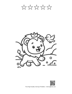 Thumbnail: Cute Lion King with a Crown Playing with a Bird Printable and 5 Star Outline