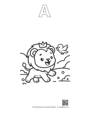 Thumbnail: Cute Lion King with a Crown Playing with a Bird Printable Outline Alphabet A