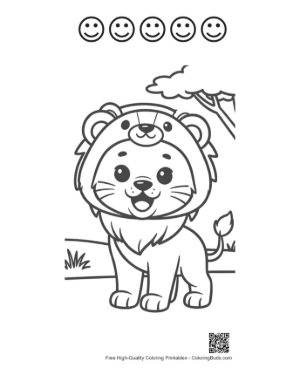 Thumbnail: Friendly Young Lion Cub Standing Against a Nature Background Printable and 5 Happy Face Outline
