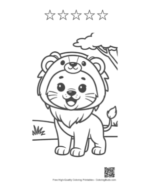 Thumbnail: Friendly Young Lion Cub Standing Against a Nature Background Printable and 5 Star Outline