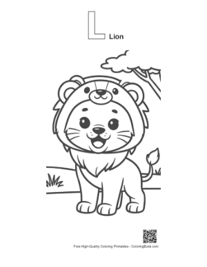 Thumbnail: Friendly Young Lion Cub Standing Against a Nature Background Printable Outline Alphabet L Lion