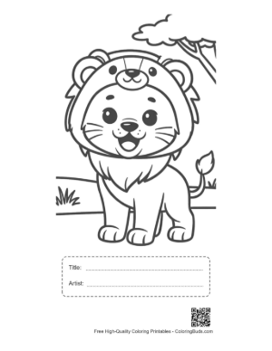 Thumbnail: Friendly Young Lion Cub Standing Against a Nature Background Printable with Title and Artist Box