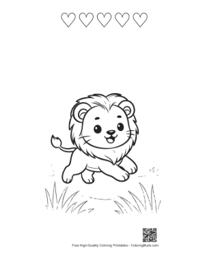 Thumbnail: Funny Little Lion Cub Playing Joyfully in the Field Printable and 5 Heart Outline