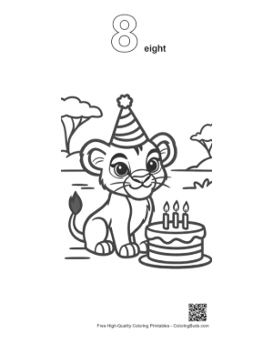 Thumbnail: Happy Lion Cub with a Birthday Hat and Candles Printable Outline Number 8