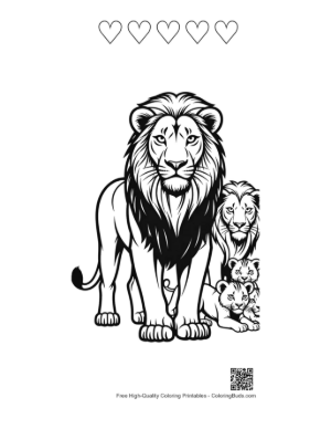 Thumbnail: Majestic Male Lion with Cubs Printable and 5 Heart Outline