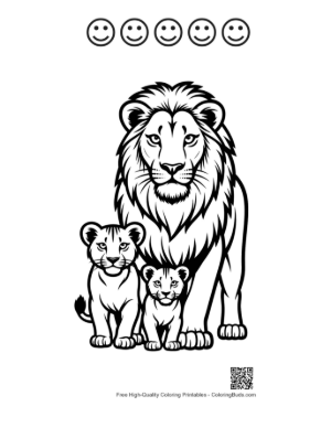 Thumbnail: Majestic Male Lion with Two Cubs Printable and 5 Happy Face Outline