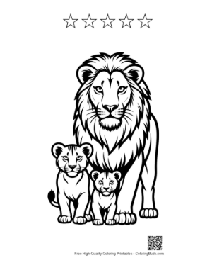 Thumbnail: Majestic Male Lion with Two Cubs Printable and 5 Star Outline