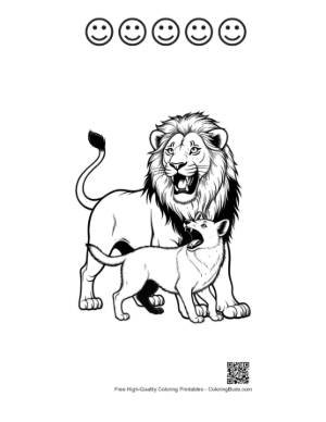 Thumbnail: Mighty Male Lion Roaring with Young Cub Printable and 5 Happy Face Outline