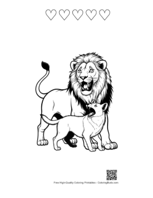 Thumbnail: Mighty Male Lion Roaring with Young Cub Printable and 5 Heart Outline