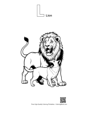 Thumbnail: Mighty Male Lion Roaring with Young Cub Printable Outline Alphabet L Lion