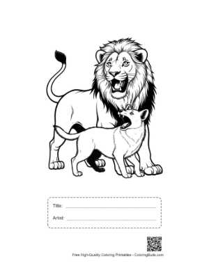 Thumbnail: Mighty Male Lion Roaring with Young Cub Printable with Title and Artist Box