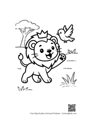 Thumbnail: Playful Lion Cub Waving with a Little Bird Friend Printable