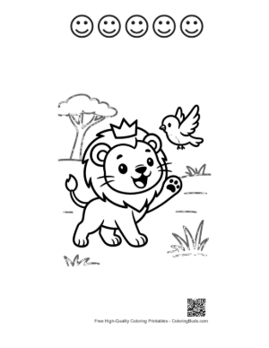 Thumbnail: Playful Lion Cub Waving with a Little Bird Friend Printable and 5 Happy Face Outline