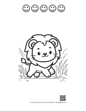 Thumbnail: Playful Little Lion Cub Walking Through the Savanna Printable and 5 Happy Face Outline