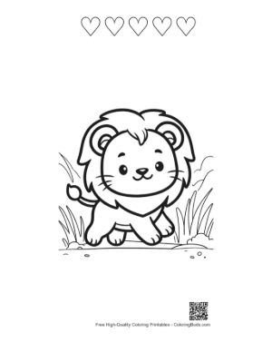 Thumbnail: Playful Little Lion Cub Walking Through the Savanna Printable and 5 Heart Outline