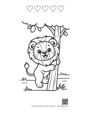 Thumbnail: Small Lion Cub Hugging a Tree in the Savanna Printable and 5 Heart Outline