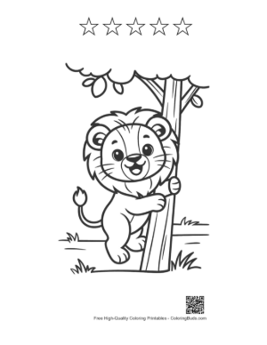 Thumbnail: Small Lion Cub Hugging a Tree in the Savanna Printable and 5 Star Outline