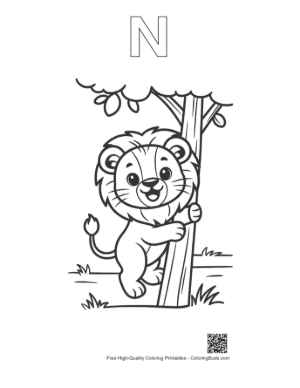 Thumbnail: Small Lion Cub Hugging a Tree in the Savanna Printable Outline Alphabet N