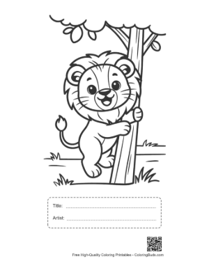 Thumbnail: Small Lion Cub Hugging a Tree in the Savanna Printable with Title and Artist Box