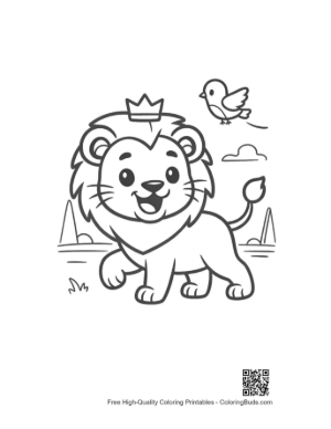 Thumbnail: Young Lion Cub Walking in the Savanna with a Bird Printable