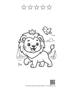 Thumbnail: Young Lion Cub Walking in the Savanna with a Bird Printable and 5 Star Outline