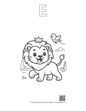 Thumbnail: Young Lion Cub Walking in the Savanna with a Bird Printable Outline Alphabet E