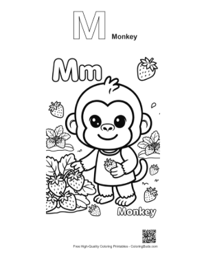 Thumbnail: Adorable Chimp Playing in a Strawberry Patch Printable Outline Alphabet M Monkey